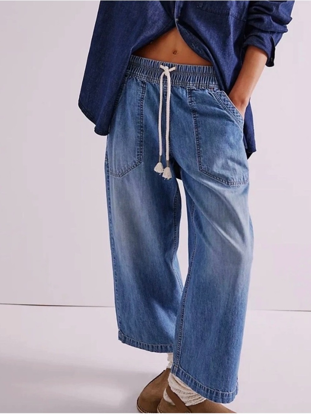 We The Free Blue Denim Wide Leg Jeans with Drawstring